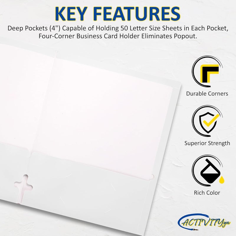 ACTIVITYYA 10 Pack Two Pocket Folders, White, Strong Thick Paper Folders, for Letter Size, by - Image 3